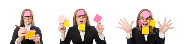 Mujer con recordatorios aislados en blanco — Foto de Stock