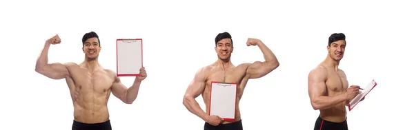 Uomo muscolare con pad vuoto per il tuo messaggio — Foto Stock