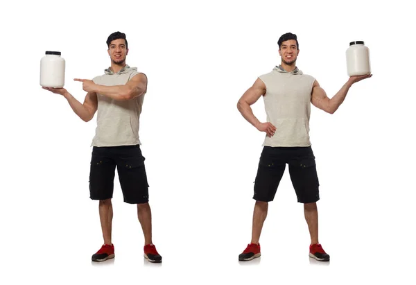 Hombre Muscular Con Frascos Proteínas Blanco —  Fotos de Stock