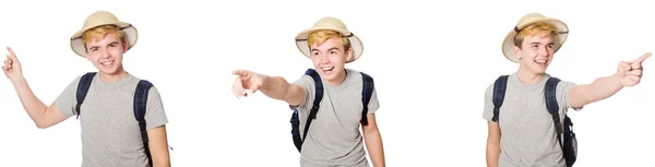 Мальчик в пробковом шлеме с рюкзаком — стоковое фото