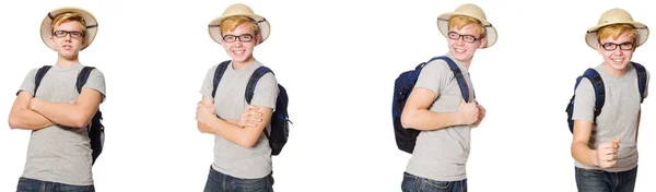 Ung pojke i cork hjälm med ryggsäck — Stockfoto