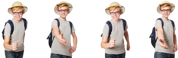 Junge mit Korkhelm und Rucksack — Stockfoto