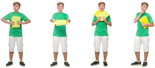 Junge Studentin mit Zetteln auf Weiß — Stockfoto