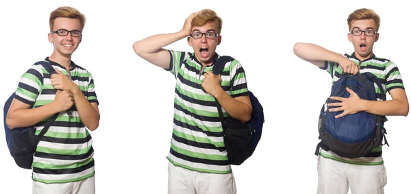 Jovem estudante com mochila isolada em branco — Fotografia de Stock