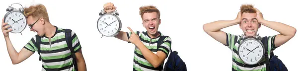 Jonge student met alarm-clock in tijd management concept — Stockfoto