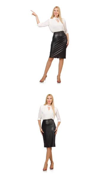 Pretty woman in leather skirt isolated on white — Stock Photo, Image