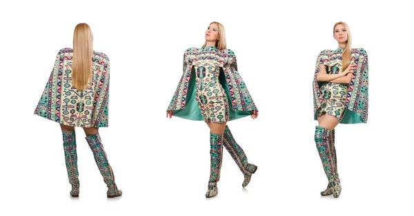 Kvinna i mode koncept isolerad på vitModell bär klänning kvickt — Stockfoto