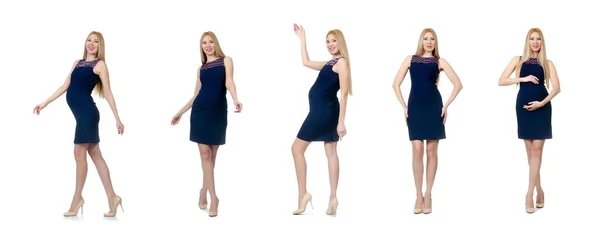 Krásná těhotná žena v modrých šatech izolovaných na bílém — Stock fotografie