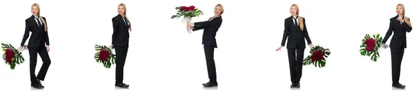 Mujer de negocios con ramo de flores aisladas en blanco — Foto de Stock