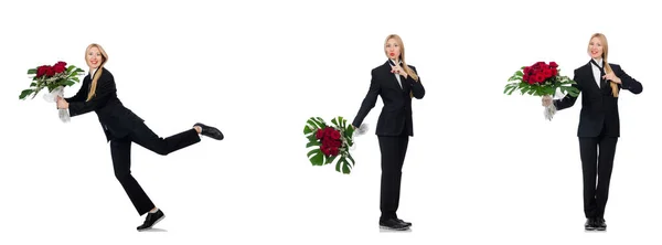 Businesswoman with bunch of flowers isolated on white — Stock Photo, Image