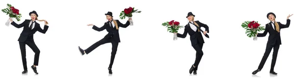 Femme d'affaires avec bouquet de fleurs isolées sur blanc — Photo