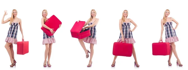 Schöne Frau mit Koffer isoliert auf weiß — Stockfoto