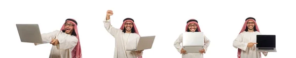 Arabische man met laptop geïsoleerd op wit — Stockfoto