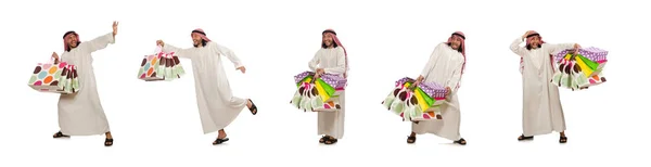 Arabe Homme Avec Des Sacs Provisions Sur Blanc — Photo