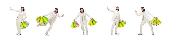 Uomo con shopping bags isolato su bianco — Foto Stock