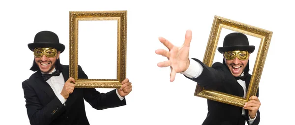 Funny man with picture frame on white — Stock Photo, Image