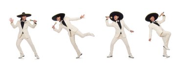 Beyaz izole marakas tutan takım elbiseyle komik Meksika