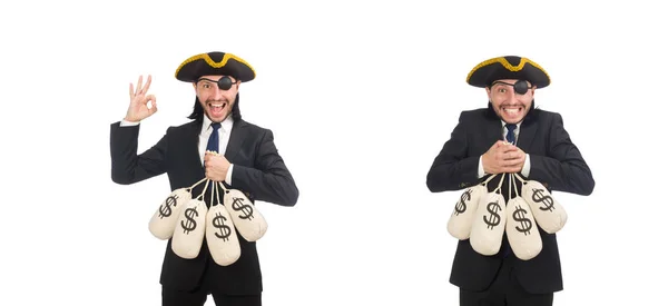 Hombre de negocios pirata sosteniendo bolsas de dinero aisladas en blanco — Foto de Stock