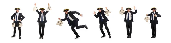 Piraat zakenman holding Geldzak geïsoleerd op wit — Stockfoto