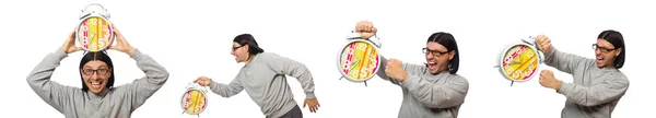 Hombre divertido con reloj aislado en blanco — Foto de Stock