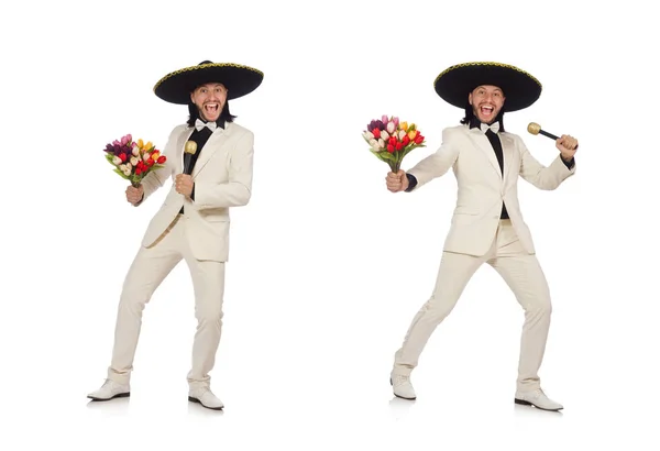 Lustiger Mexikaner im Anzug mit Blumen auf weißem Grund — Stockfoto