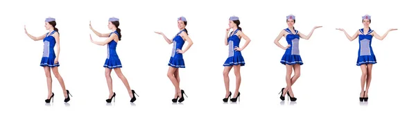 Frau im Kostüm schiebt virtuelles Hindernis — Stockfoto