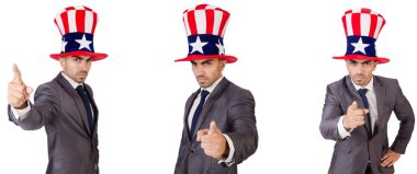 adam beyaz izole Amerikan şapka ile 