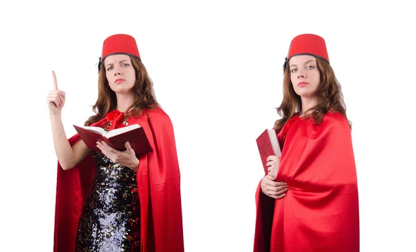 Woman wearing fez hat isolated on white — Stock Photo, Image