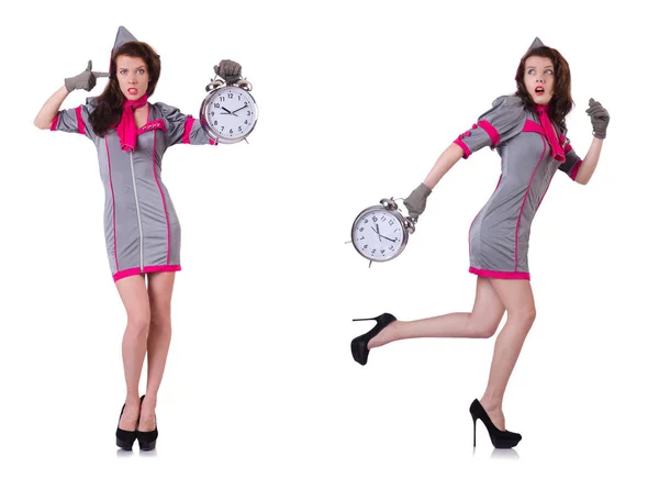 Giovane hostess con sveglia nel concetto di gestione del tempo — Foto Stock