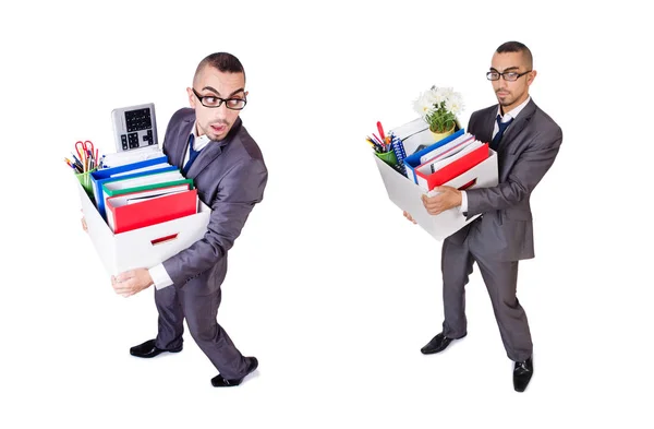 Man being fired with box of personal stuff — Stock Photo, Image