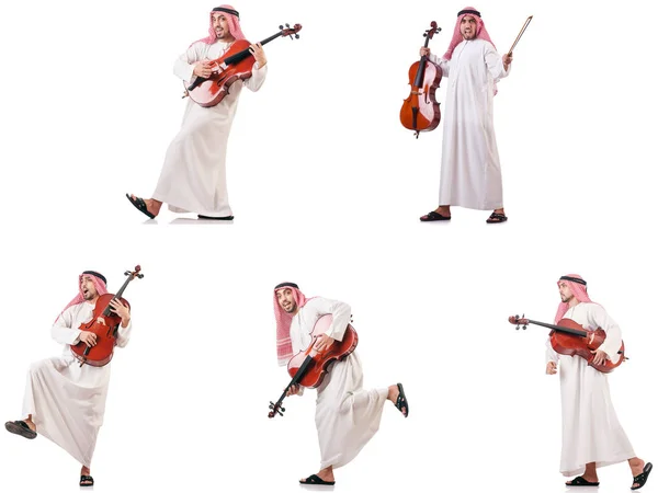 Arabische man spelen van cello geïsoleerd op wit — Stockfoto