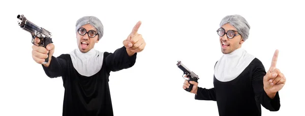 Man in nun dress with handgun — Stock Photo, Image