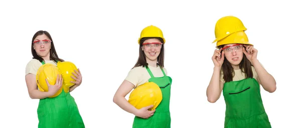 Kvinnlig arbetstagare bära overall isolerad på vit — Stockfoto