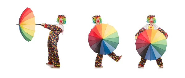 Клоун з парасолькою ізольовані на білому — стокове фото