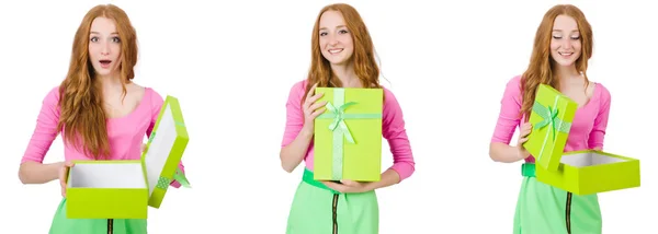 Beautiful woman in green skirt with giftbox — Stock Photo, Image