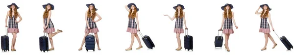 Young woman with suitcase isolated on white — Stock Photo, Image