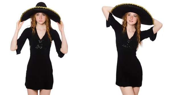 Young redhead lady in black dress with black sombrero — Stock Photo, Image