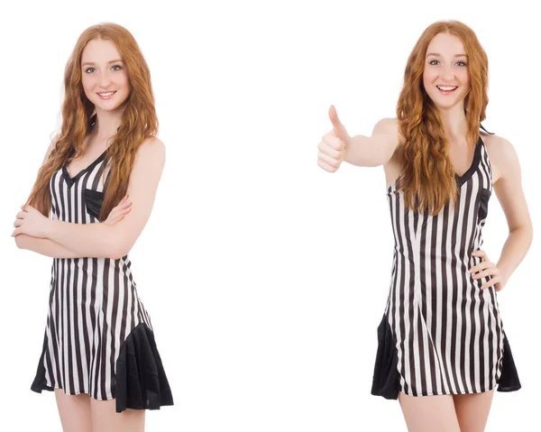 Beautiful woman in striped dress — Stock Photo, Image