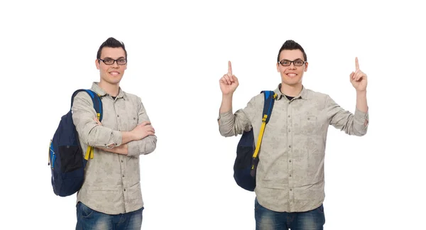 Estudante caucasiano sorridente com mochila isolada em branco — Fotografia de Stock