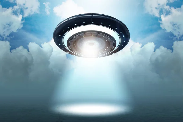 Illustration of flying saucer emitting light - 3d rendering — Stock Photo, Image