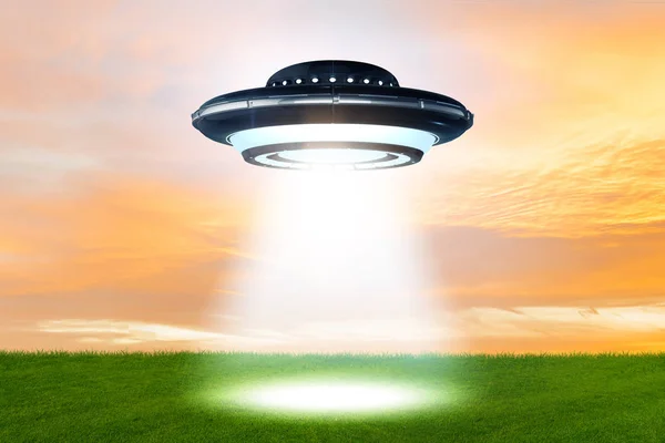 Illustration of flying saucer emitting light - 3d rendering — Stock Photo, Image
