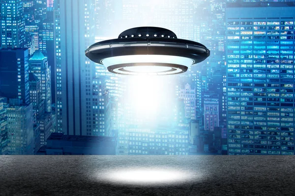 Illustration of flying saucer emitting light - 3d rendering — Stock Photo, Image