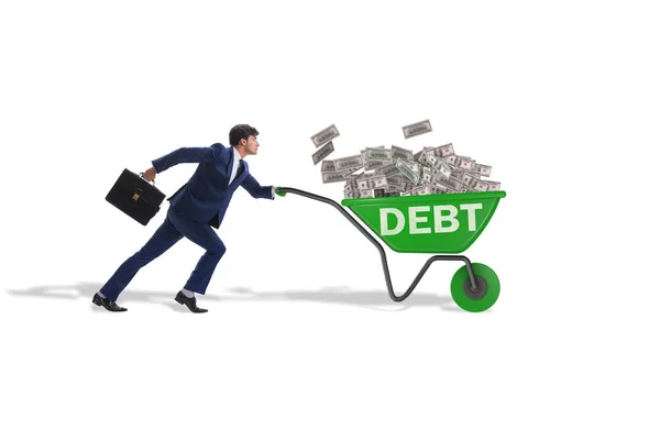 Businessman pushing wheelbarrow in debt loan concept — Stock Photo, Image