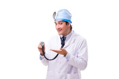 Genç yakışıklı Doktor otolaryngologist beyaz izole 