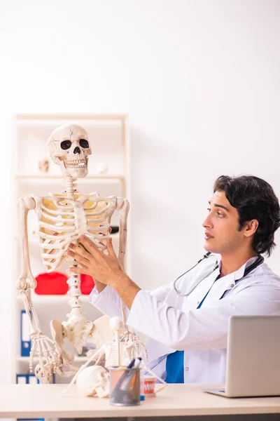 Νεαρός άνδρας γιατρός με σκελετό — Φωτογραφία Αρχείου