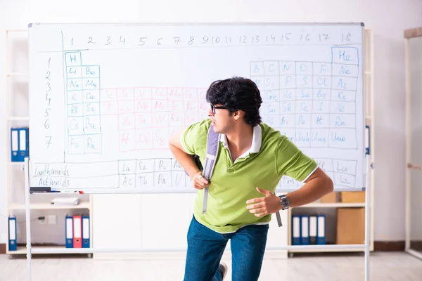 Молодой химик-студент перед периодической таблицей — стоковое фото