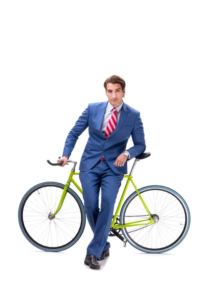 Бизнесмен с велосипедом изолированы на белом фоне — стоковое фото
