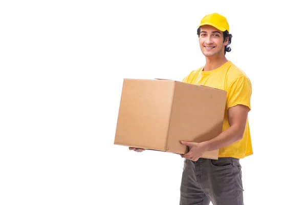 Joven mensajero masculino con caja — Foto de Stock