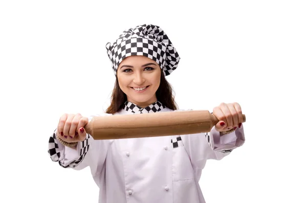 Unga kvinnliga baker isolerad på vit — Stockfoto