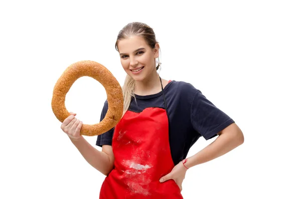 Jonge vrouwelijke baker geïsoleerd op wit — Stockfoto